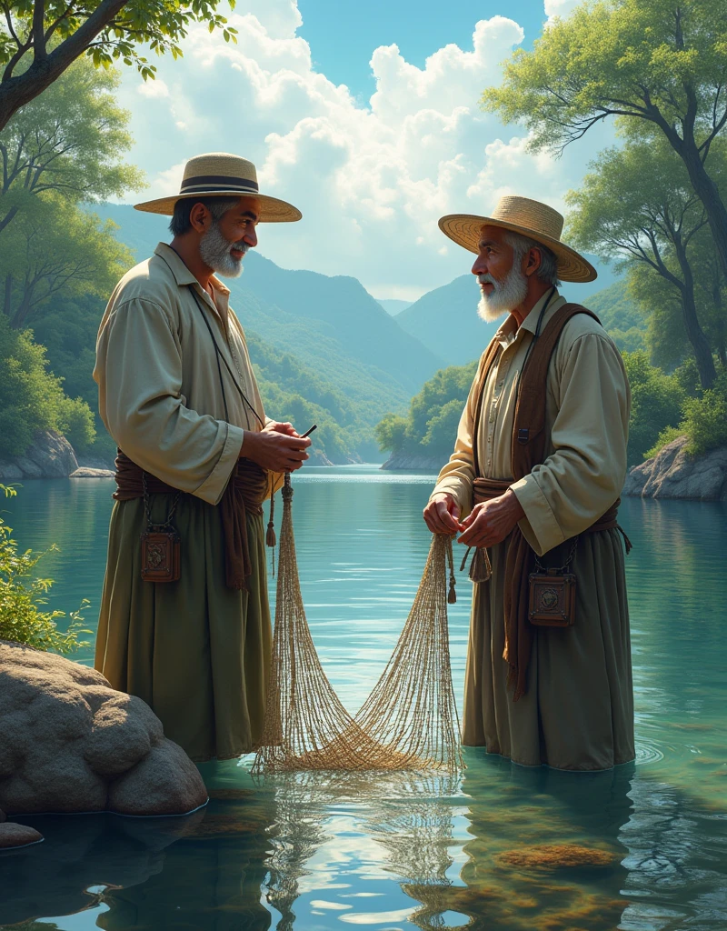Make me a picture with 2 fishermen aged 20 and 50 with the goddess Iemanja watching them with love, perched on the river
