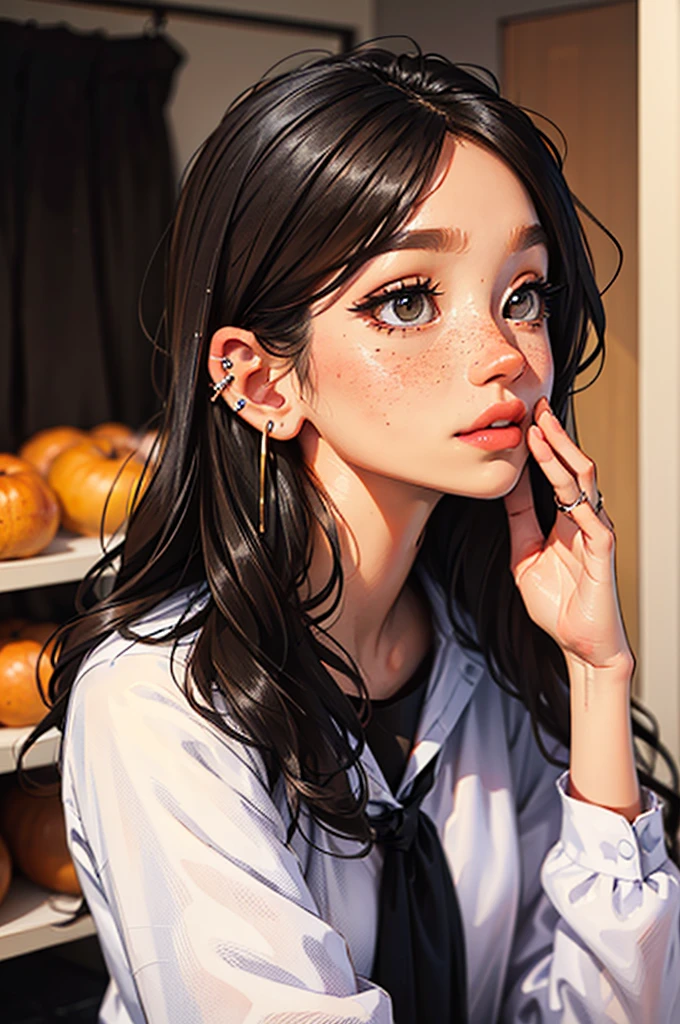 hair: long and curly, black in color. eye color: hazel or russet in color. eyeballs: big and expressive. skin: slightly tan in tone with freckles under the eyes. height: slightly shorter than average (5'2"). clothing style: business casual. clothing color: dark colors. Add accessories such as many ear piercings or nose piercings.