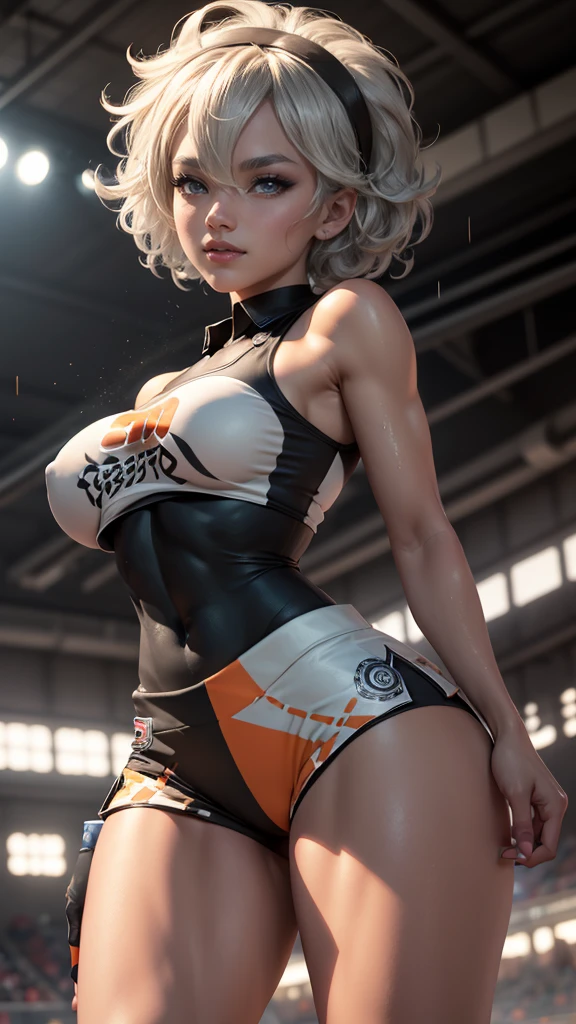 Bea da pokemon,(best qualityer,4K,8k,high resolution, work of art:1.2)(weather: windy), sport stadium background, short curly hair, gray hair, cropped shirt, micro shorts, thigh high stockings, headband, gloves, leotard, nipples, ultra detailed, realistic, beautiful detailed gray eyes, beautiful detailed lips, extremely detailed eye and face, long eyelashes, average, large breasts, flying hair, beaming smile, powerful girl in a combat, karate stance, sweating, wet body, bright coloured, dramatic lighting,