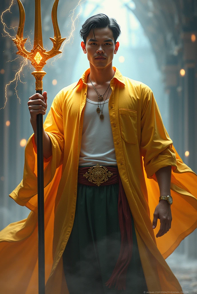 a man, strapping, late 20s, a king, wearing a royal yellow Malay shirt and wearing a tank top, hold the trident of the universe in the right hand and hold the lightning whip in the left hand