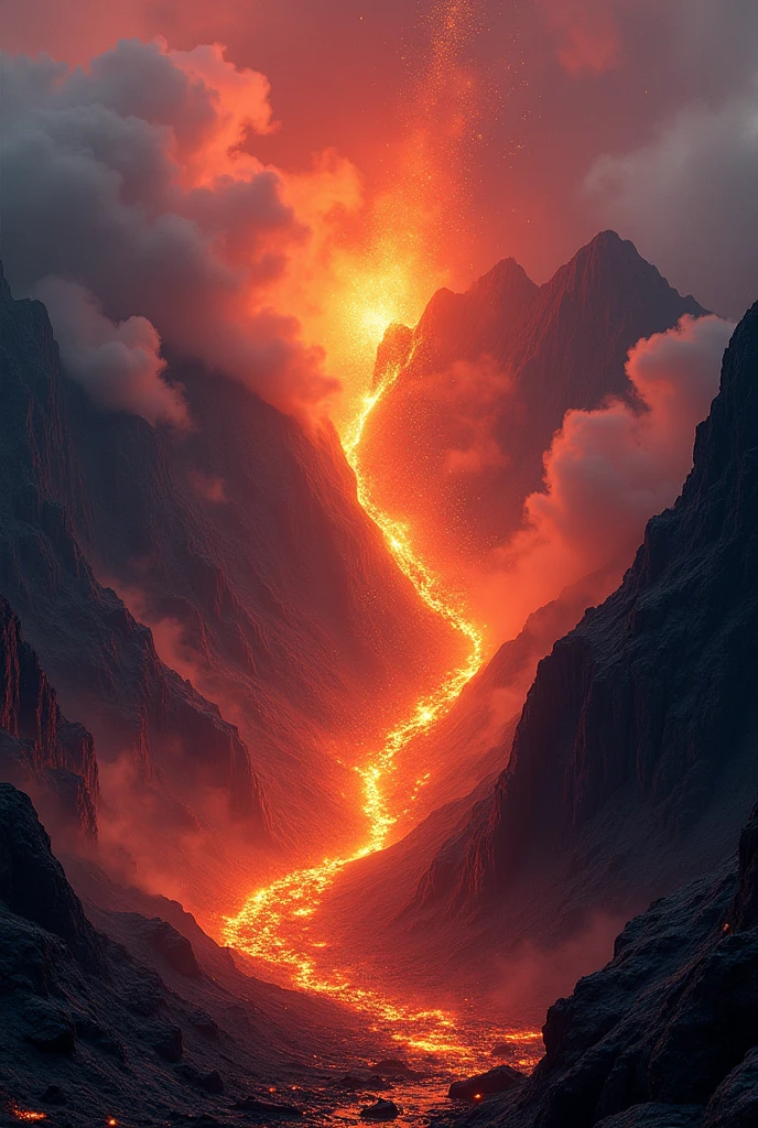 a powerful volcanic eruption, molten lava flowing down the rocky mountainside, dramatic clouds of ash billowing into the sky, glowing embers and sparks swirling through the air, rugged and textured terrain, cinematic lighting, highly detailed, photorealistic, epic landscape, intense colors, dramatic atmosphere