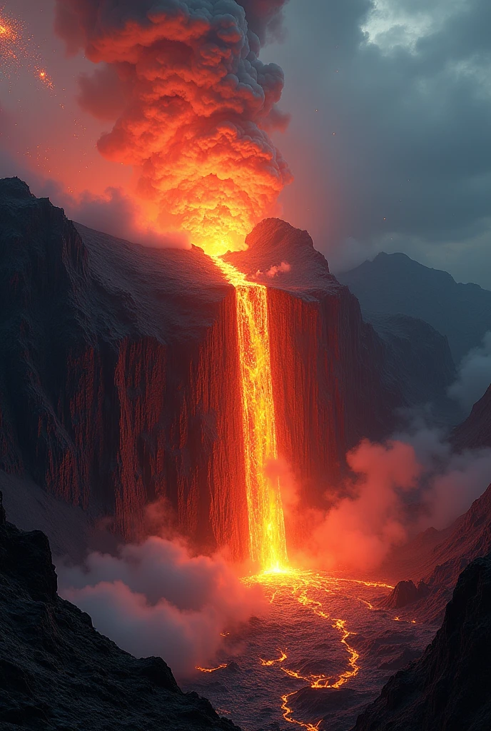 a powerful volcanic eruption, molten lava flowing down the rocky mountainside, dramatic clouds of ash billowing into the sky, glowing embers and sparks swirling through the air, rugged and textured terrain, cinematic lighting, highly detailed, photorealistic, epic landscape, intense colors, dramatic atmosphere