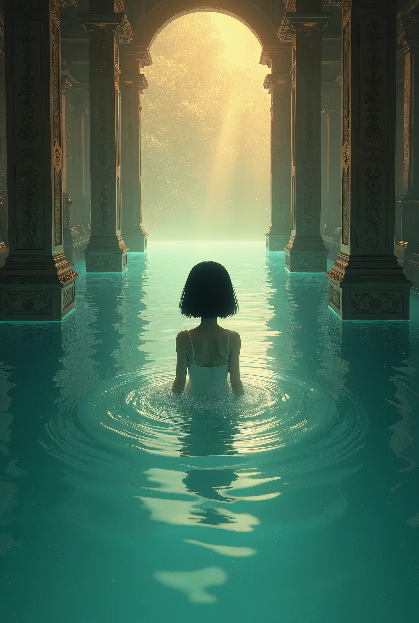 Depressed girl、Japanese、Black Hair、Bobcut、Pale complexion、Are thin、Floating in the middle of a big water polo、A temple full of light