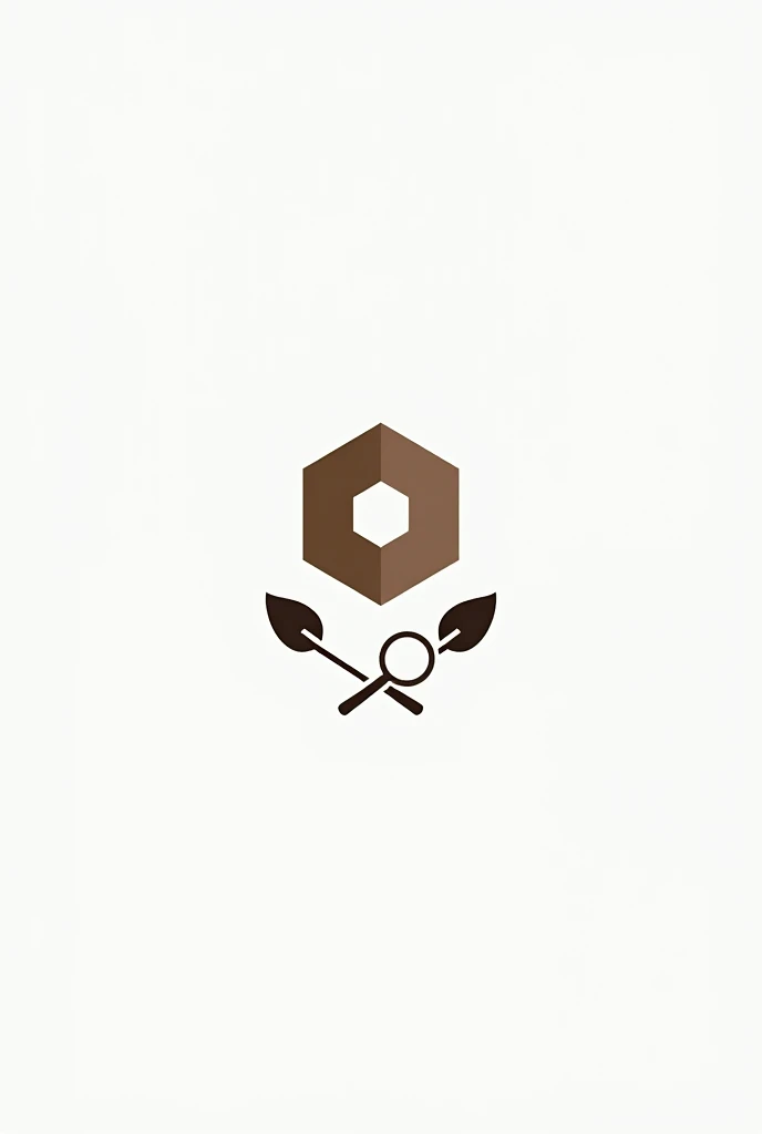 Simple hexagon logo with a recess and at the bottom of the hexagon a lying tree leaf and a lying magnifying glass 