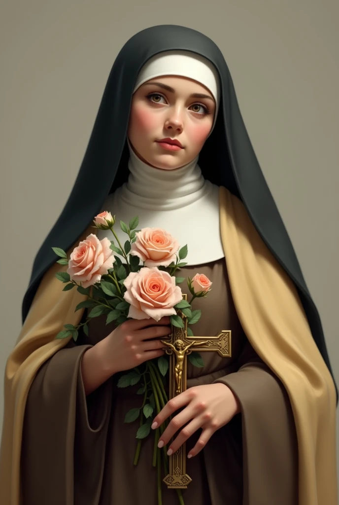 Generates an image of Saint Therese, dressed in a brown habit, black veil, a light yellow cloak over the habit, a religious nun, holding a bouquet of roses and a crucifix. she is portrayed with a contemplative expression, reflecting his deep spirituality and communion with God, she has on average 24