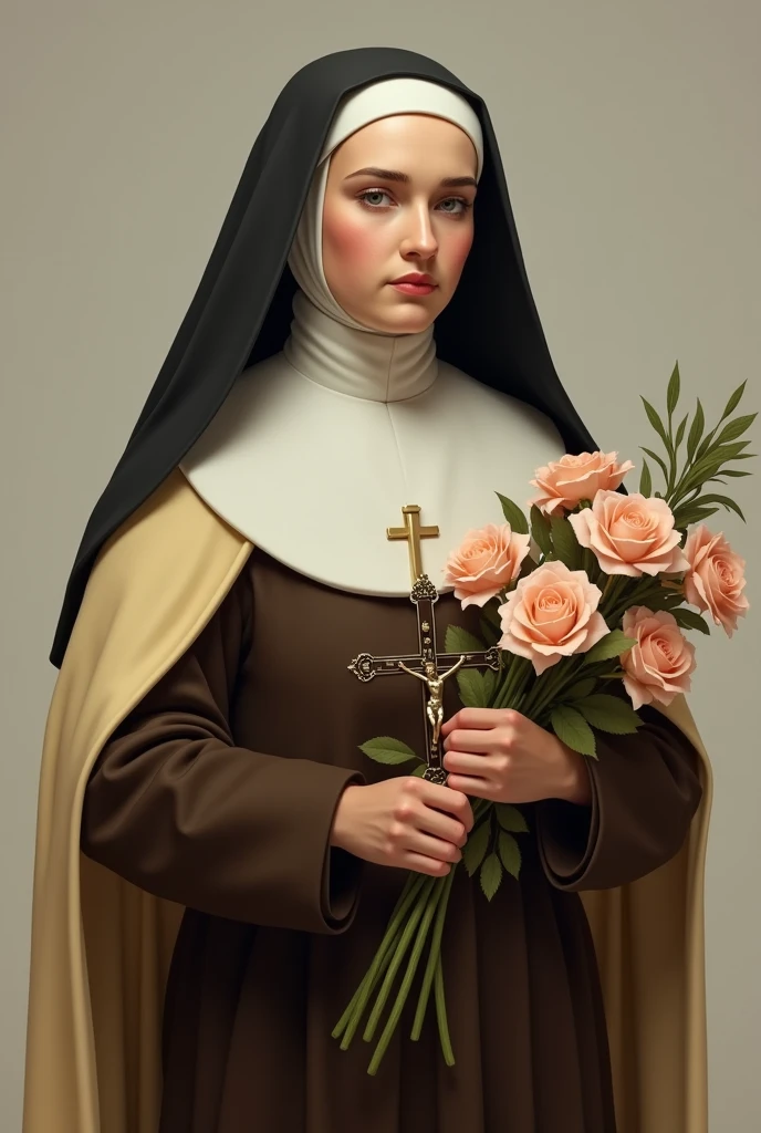 Generates an image of Saint Therese, dressed in a brown habit, black veil, a light yellow cloak over the habit, a religious nun, holding a bouquet of roses and a crucifix. she is portrayed with a contemplative expression, reflecting his deep spirituality and communion with God, she has on average 24