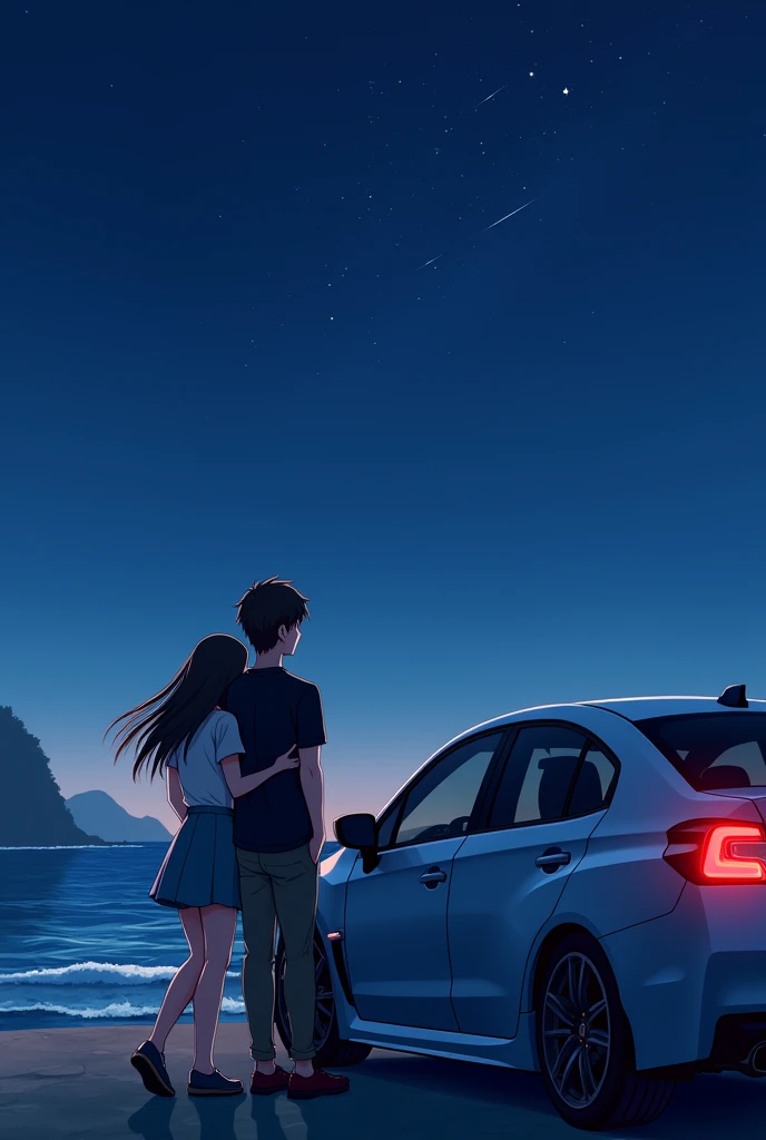 A couple (the women have black and long hair, and the man have brown and short hair) leaning on a Subaru WRX watching the night on japon on the coast at the distance