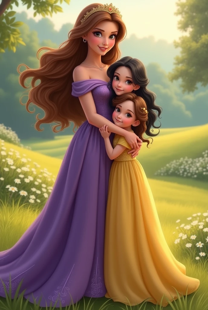 I need an image where you can see the mother and her daughters where they look like princesses, the mother with brown hair and long purple dress and the daughters with yellow dresses, One sister with a long dress and brown hair and the other sister with black hair and a short dress, the three of them hugging each other but the youngest sisters in the field smiling.
