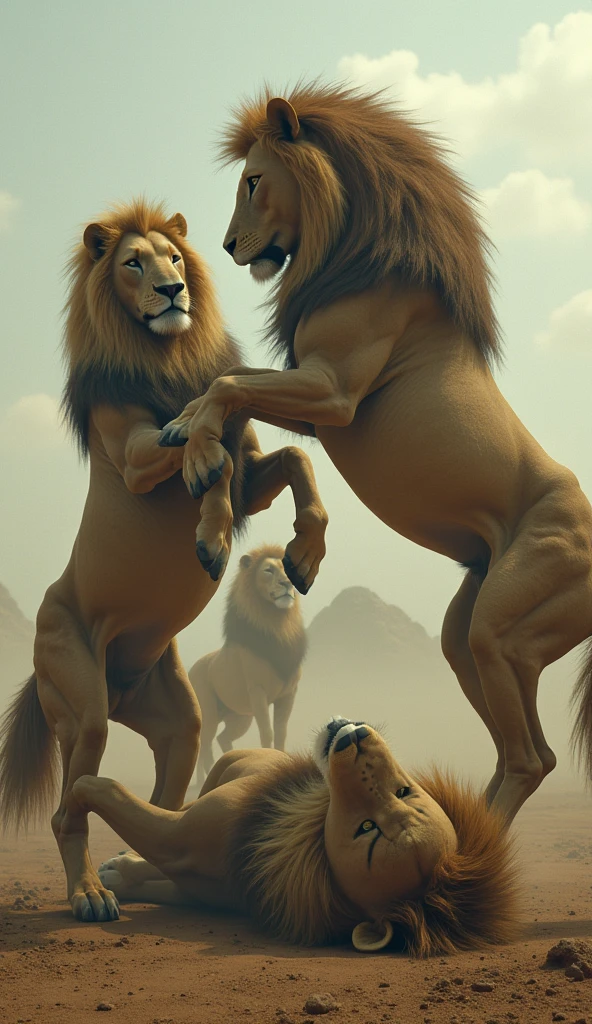 Horses lie on their backs, lions stomp on their horses.