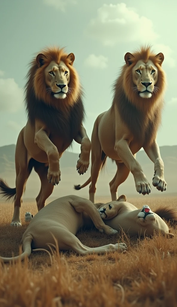 Horses lie on their backs, lions stomp on their horses.