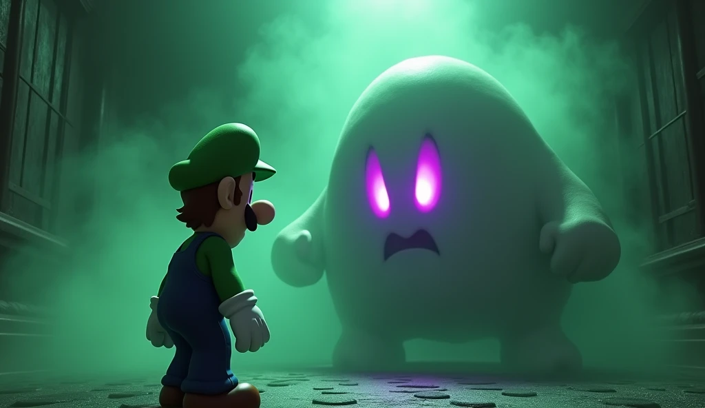 Luigi bravely fighting King Boo, horror atmosphere with a green haze, King Boo with Violet Purple Eyes, The place is inside a haunted mansion