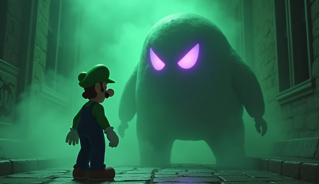 Luigi bravely fighting King Boo, horror atmosphere with a green haze, King Boo with Violet Purple Eyes, The place is inside a haunted mansion