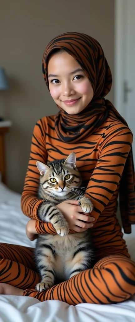 The most beautiful,thin,most pretty and clever Asian muslimah adult girl wears Bengal tigsr print lycra turtleneck unitard catsuit covered with stripes.She always wear Bengal tiger print lycra dancewear stretchy square hijab covered with many stripes.She sits on the bed and hugs a cute little cat.