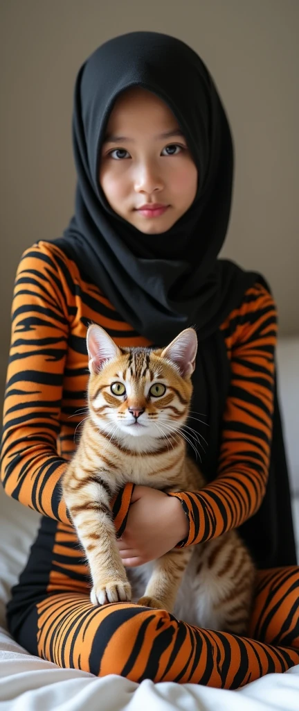 The most beautiful,thin,most pretty and clever Asian muslimah adult girl wears Bengal tigsr print lycra turtleneck unitard catsuit covered with stripes.She always wear Bengal tiger print lycra dancewear stretchy square hijab covered with many stripes.She sits on the bed and hugs a cute little cat.