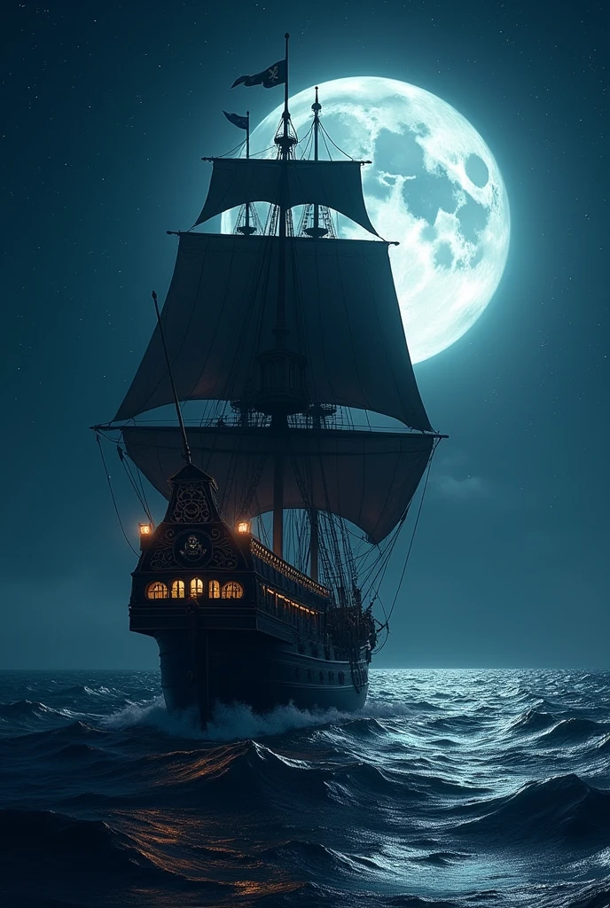  pirate ship on the high seas during a full moon night