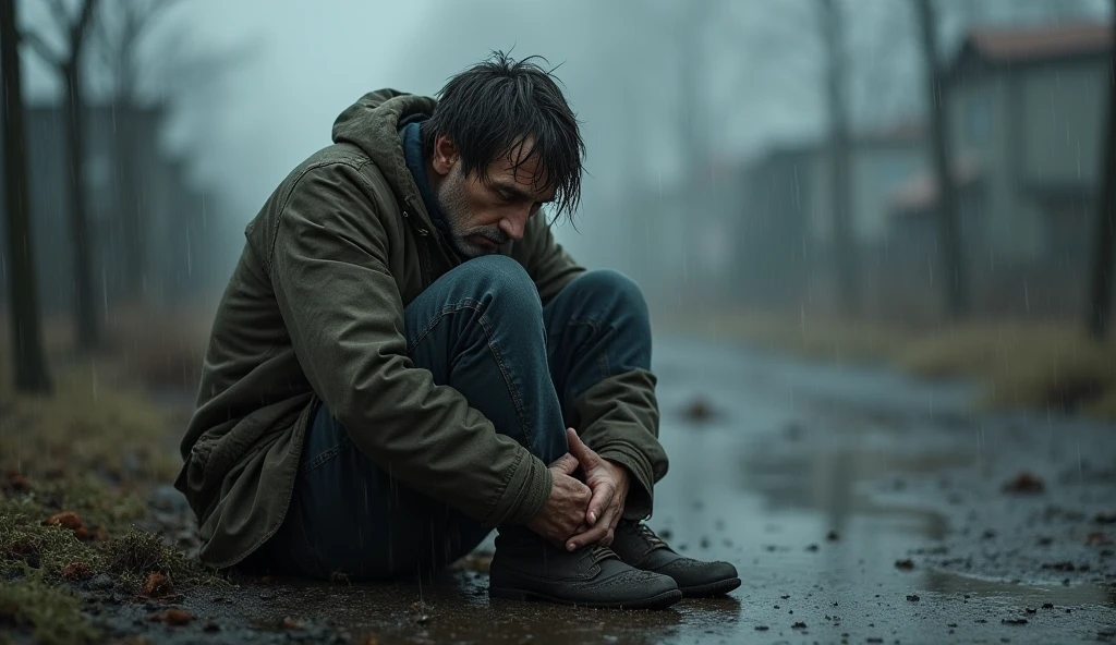poor, poor Russian sitting on the ground in the rain, hands on knees
