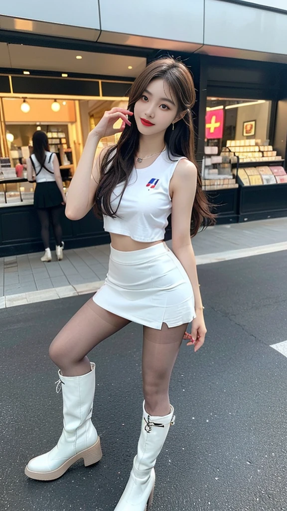 (((random composition : 1.2))), (realistic), (intricate details:1.2), (masterpiece、:1.3), (top quality:1.4), (Ultra A high resolution:1.2), Ultra A high resolution, 8K resolution, very detailed expression, (high quality), complete anatomy, natural anatomy, (full body photo:1.2), (1 korean girl), (In front of a cosmetics store), (She is Dancing femininely and sexyly : 1.4),(wearing a microphone),(She is doing promotional narration while dancing K-pop..:1.4), (Event girl dispatched for business promotion purposes : 1.6), she is 2, (she is korean:1.6), (beautiful : 1.4), (brightly colored hair), (She is Narrator model : 1.4), (She is Companion : 1.4),(She is event assistant : 1.4), (big earrings), (in-ear microphone : 1.4), heavy makeup, cheerful expression, choker necklace, long legs, (The girl is wearing a slim, sleeveless racing girl uniform and a tight, shiny miniskirt.. : 1.4), (She is wearing flesh-colored shiny pantyhose under her skirt and white boots that go over her knees.. :1.4), glowing skin, passionate promotional model, friendly smile, (Making eye contact with each other :1.4), kidney practitioner, In front of the shopping mall, multiple wreaths, event roulette, signboard, event product promotion, Lots of people passing by on the street and paying attention to her., In front of the shopping mall with crowed