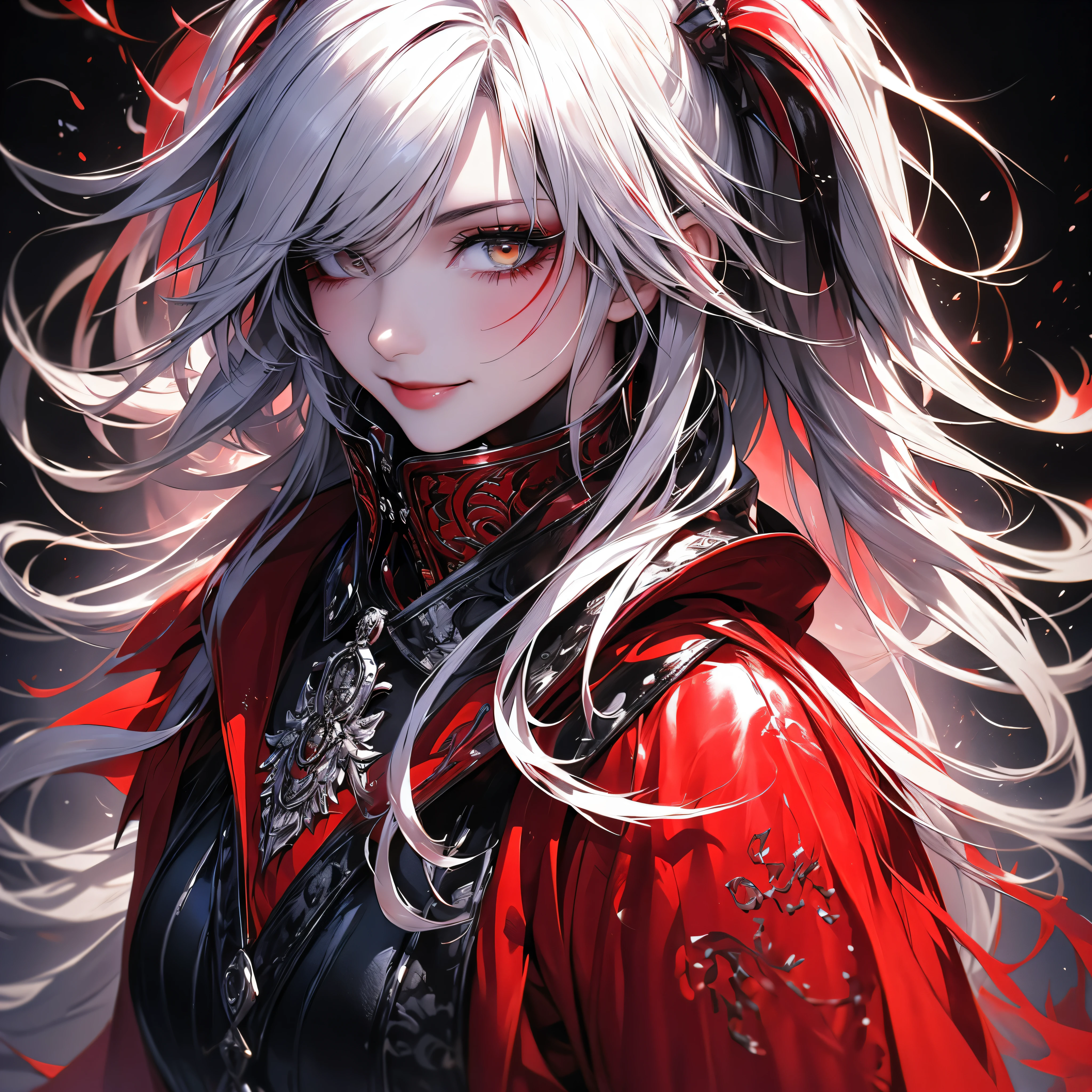 a beautiful young woman, 1 girl, detailed face, twin tails, colorful hair with black roots and red tips, wearing a red shirt with silver patterns, witch's hooded cloak, black leather pants, expressive detailed eyes, collar, jewelry, smile, hyperrealistic, video game rendering effect through ink overlay, white background, blood black shadow overlay effect, shading effect, red dualization effect, bloody ink, liquid ink rendering, hyperrealistic Sumi-e liquid ink painting, high detail, intricate details