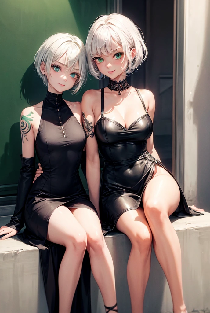 A girl with short white hair with green eyes and who is smiling and with tattoos and who is sitting with a strap and wearing a black dress and who has a strap
