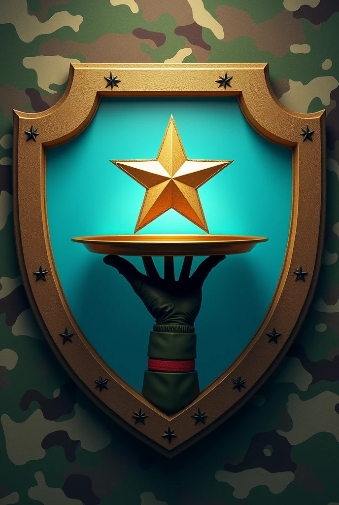 Shield with a hand holding an open waiter's tray with an army star floating, camouflage clothes, inside of the shield in turquoise blue color