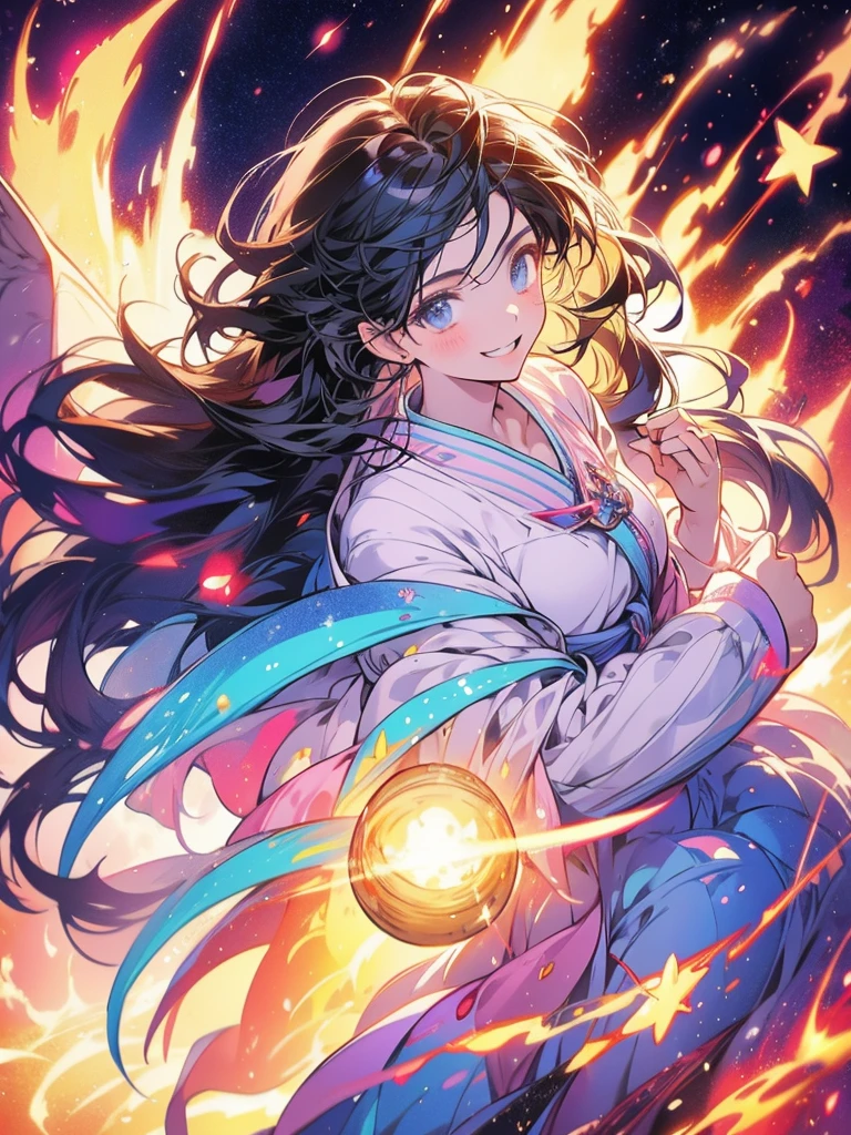 a picture taken from a digital painting of a girl in a dress, beautiful anime artwork, wearing a dress made of stars, beautiful anime art, makoto shinkai cyril rolando, magical dress, anime fantasy illustration, anime fantasy artwork, ethereal anime, anime girl with cosmic hair, dreamlike art, cosmic skies. by makoto shinkai, anime art wallpaper 4 k