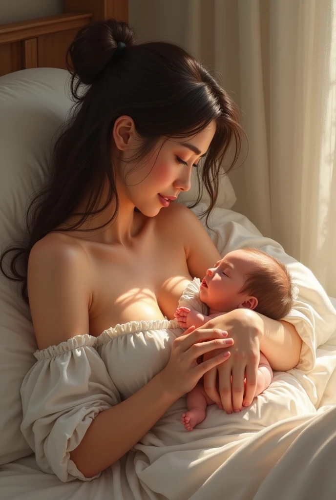 Skinny naked woman with big breasts holding a baby