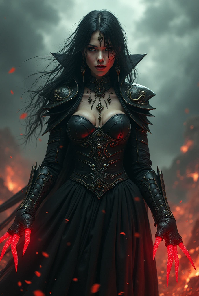 (photoralism:1.2), Very detailed, Ultra-high resolution, High Contrast, masterpiece, realistic, Hell stormy scene, pretty woman, golden eyes, black hair, frightening black dress with detailed armor, witch, red magic from her hands, ashen skin, claws, evil, commanding, sinister expression, streaks on eyes, frightening necklace, evil tattoos