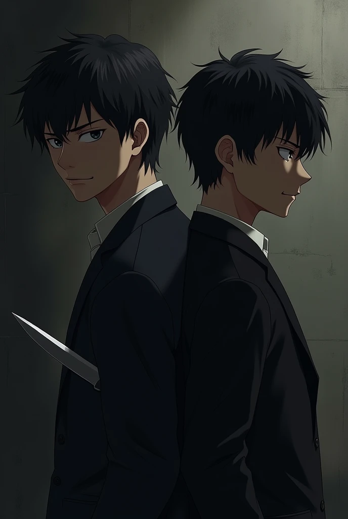 "Two friends are in an urban setting, one of them with a fake smile while hiding a knife behind his back. The other friend smiles genuinely, without realizing the impending betrayal. The background of the image is dark, with shadows and dark colors, creating an atmosphere of distrust and falsehood. Facial expressions should convey the difference between sincerity and falsehood.."