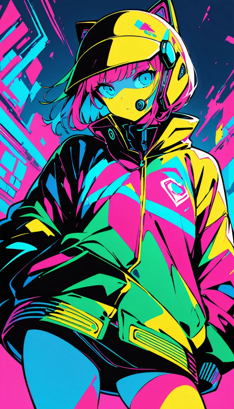 (high quality, 8k, 4K, High Contrast, masterpiece:1.2, 最high quality, Best aesthetics), (Dynamic Angle), ((1 female)), ((cyber punk)), ((Flat Color)), ((Colorful art)),Helmet,Riders jacket, Looking at the audience, Upper Body, Colored Background, High Contrast, Contrasting colors, Cowboy Shot,