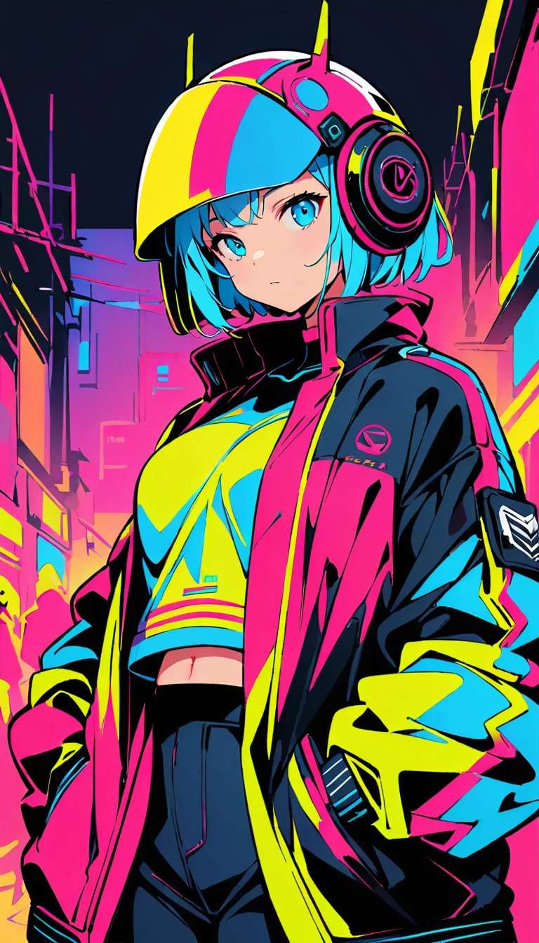 (high quality, 8k, 4K, High Contrast, masterpiece:1.2, 最high quality, Best aesthetics), (Dynamic Angle), ((1 female)), ((cyber punk)), ((Flat Color)), ((Colorful art)),Helmet,Riders jacket, Looking at the audience, Upper Body, Colored Background, High Contrast, Contrasting colors, Cowboy Shot,