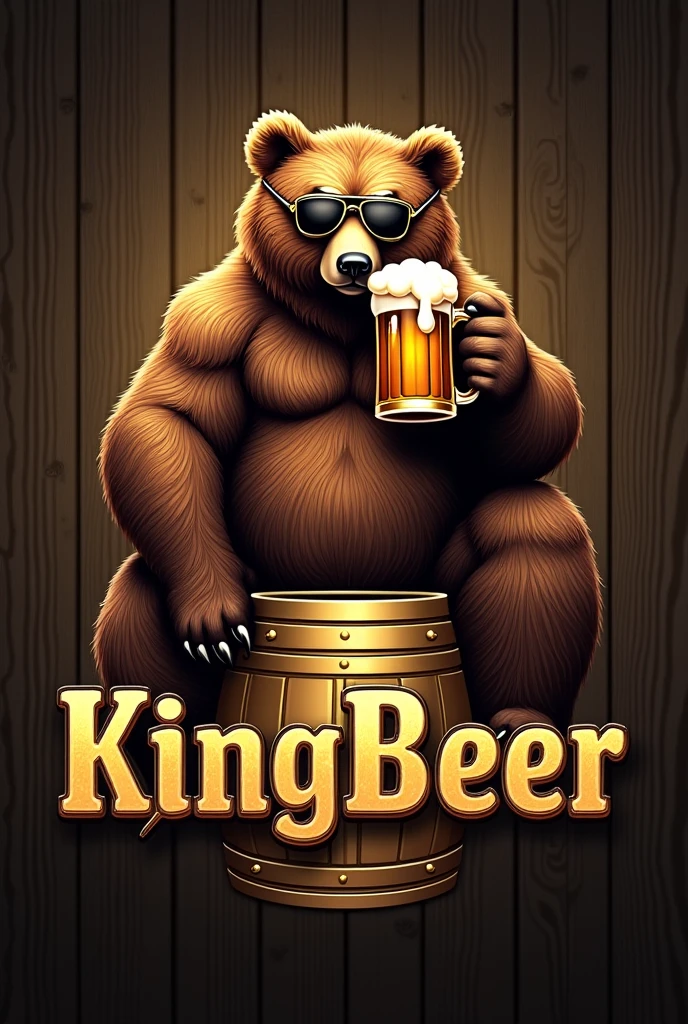 "Create a highly detailed and realistic logo for 'KingBeer'. The centerpiece of the logo is a large, lifelike bear sitting on top of a golden beer barrel. The bear is wearing aviator sunglasses and holding a large, frothy beer mug in one hand, as it casually drinks the beer. The bear should look strong and regal, symbolizing the 'king' theme. The background of the logo should be a dark, rustic wood texture, and the text 'KingBeer' should be prominently displayed below the bear in bold, gold lettering with a slight metallic sheen. The overall style should be realistic, with a slightly vintage, premium feel. The logo should evoke a sense of quality, tradition,