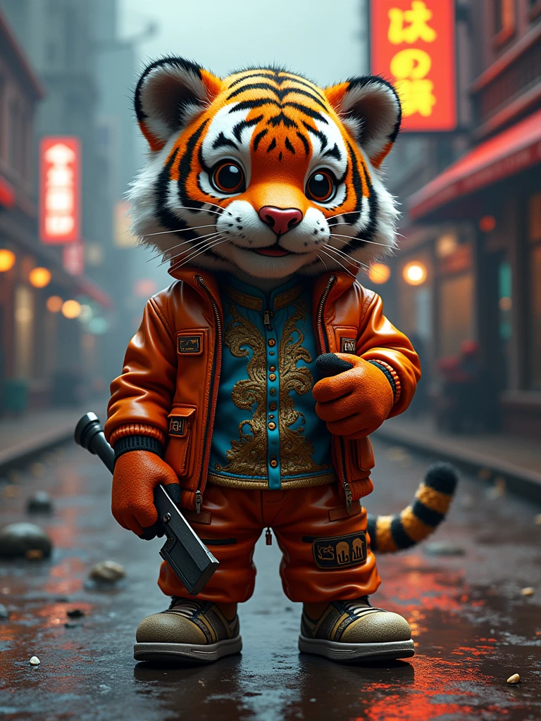 Hyper-Realisitc ((32k UHD high detail, 16k HDR cinematic art)) a dynamic-vintage ((wallpaper)) ((with a text:1.5) ('PIVARTS')) mascot "1Tiger" inspired "costumes-outfit street GTA-V". The artwork should be meticulously detailed, encapsulating the essence of the game's complexity and action. The mascot should be positioned against a complex and immersive background, reflecting the vibrancy and excitement of the GTA-V world, making it a perfect fit for the gaming community. ((More detail, high detailed)).