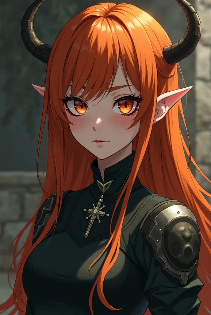 Fantasy Character. adult  woman, orange hair and orange eyes, fair skin with freckles, a frightening feature, with a dominant look. Medieval era anime style.