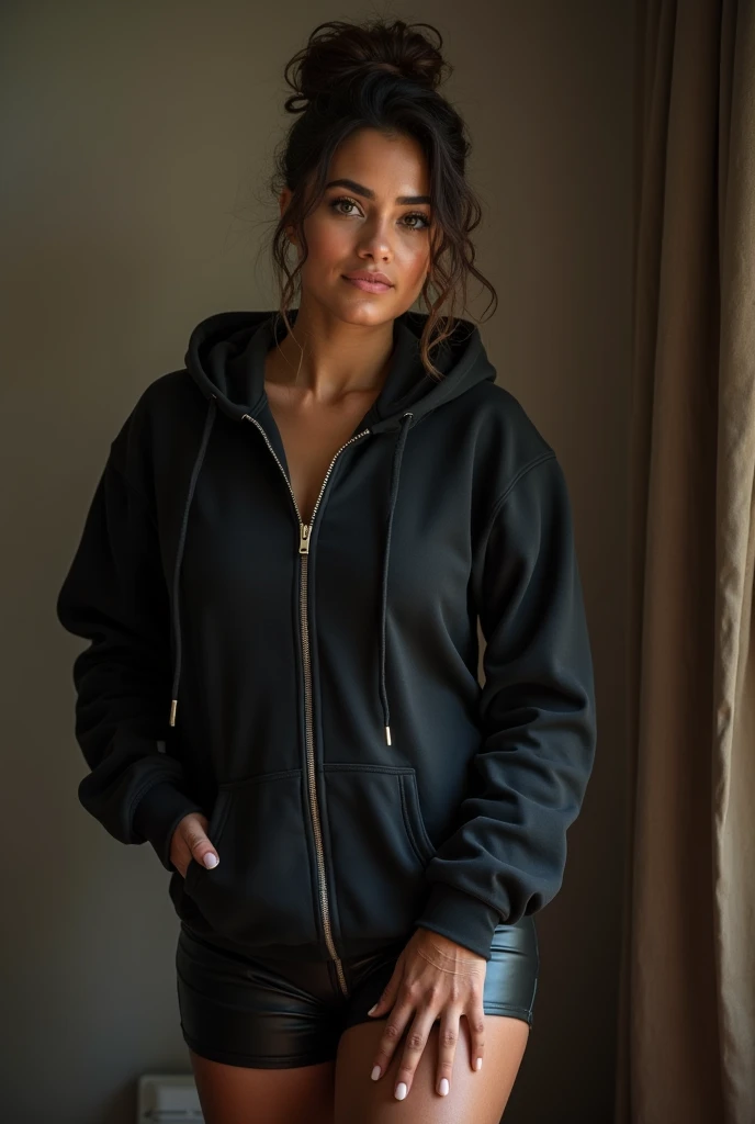black woman hair in a bun black hoodie black leather short shorts being fucked in the ass by a old grandma in a dress