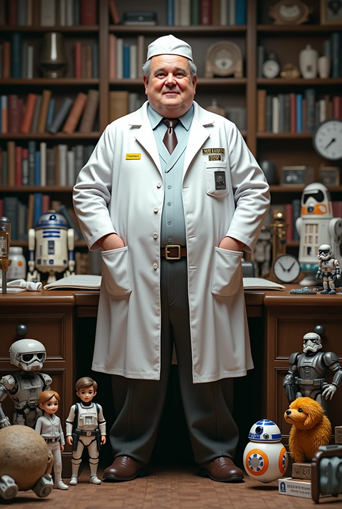 Fat doctor man with white coat and cap accompanied by Star Wars collectible toys
