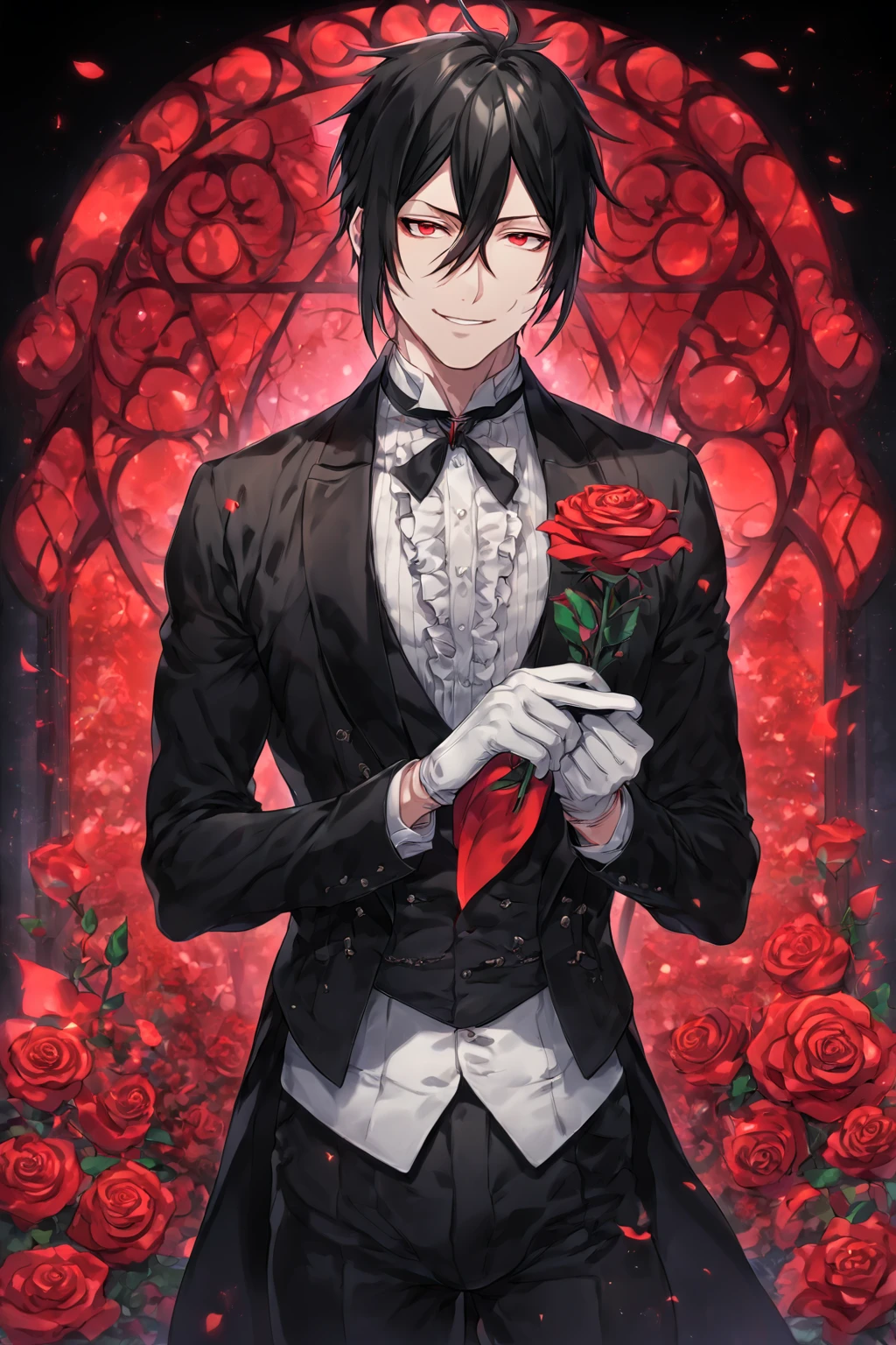absurdres, highres, ultra detailed, HDR, master piece, Sebastian Michaelis, black hair, expressive red eyes, black clothes, white gloves, black pants, Kuroshitsuji, sexy man, handsome, best quality, fantasy, magical, solo, sensual, window, garden, handsome smile, red roses, mansion, Black Butler, manly man, mature man, adult face,