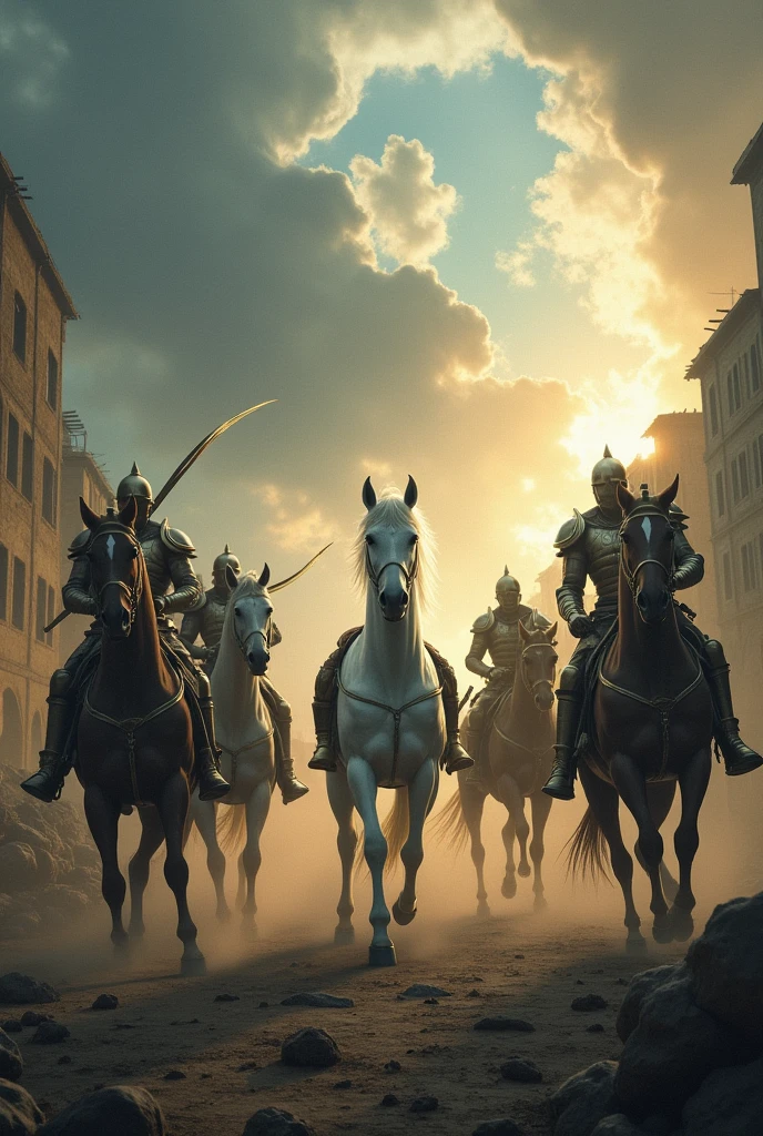 I want the 4 horsemen of the apocalypse in a scenario of destruction, and on the other side a white horse of peace