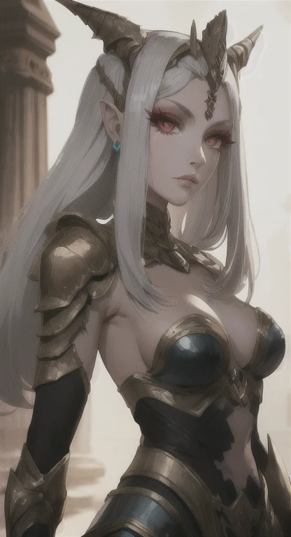 Ancient , Eldari race, queen uxie, silver hair, red eyes, looking at viewer, ancient armor, 