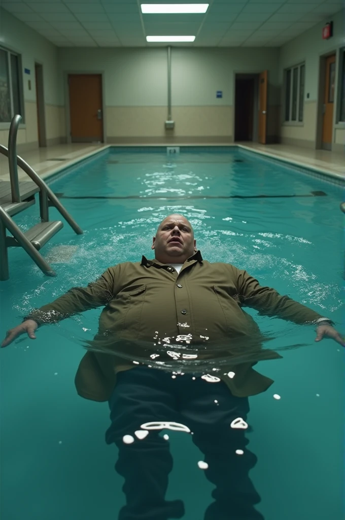 A fat man,bald man in brown coat drowning in a mental hospital pool 