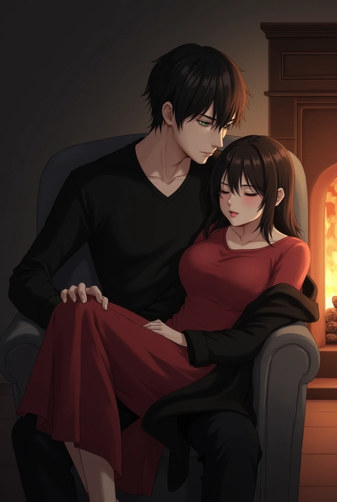 Man in black shirt sitting in a chair next to a fireplace with black hair and green eyes holding a sleeping brunette woman on his lap on his shoulder with a red dress off the shoulders with a black jacket over them , both asleep 