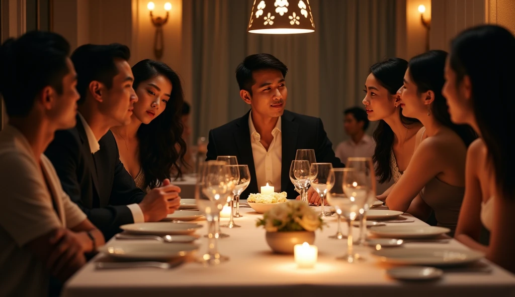 Asian man 3 at a dinner table with several people looking with desire at an Asian woman 30 years old long black hair