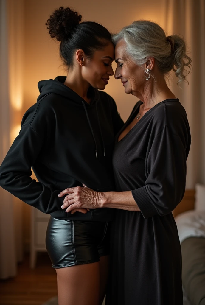 black woman hair in a bun black hoodie black leather short shorts being fucked in the ass by a old grandma in a dress
