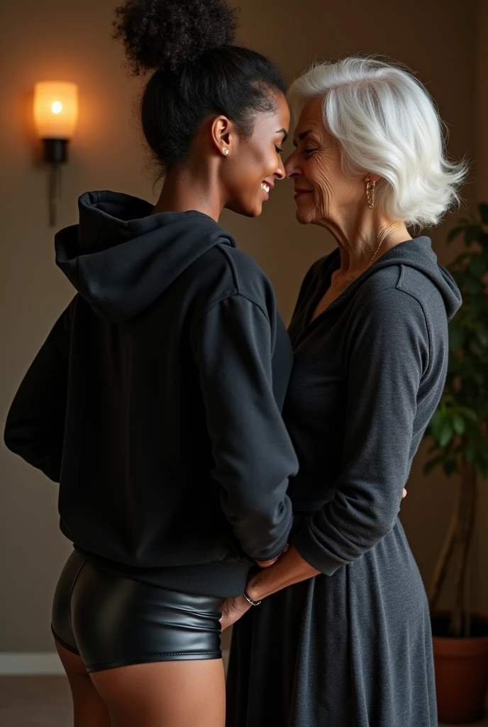 black woman hair in a bun black hoodie black leather short shorts being fucked in the ass by a old grandma in a dress