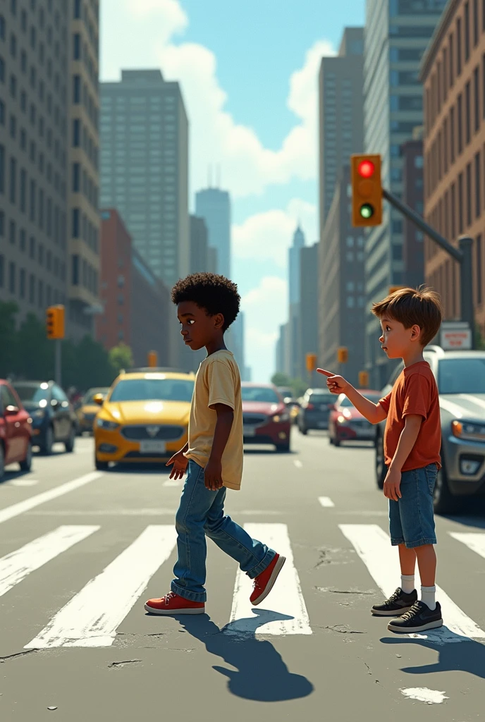 A  black boy crossing the road  with a boy pointing at him on the padestrian pavement 


