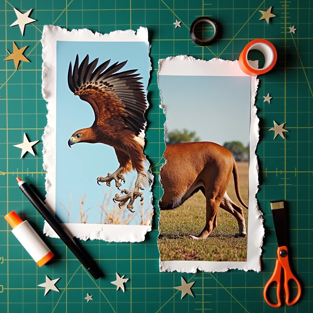 2 flat tear papers from magazine are put on the big green cutting mat. (First flat Tear paper is torn around the photo of eagle with only head claws and spread wings on side view on sky background), (second flat tear paper is torn around the photo of lion hip, back legs and tail on side view on safari background), two papers are put on side by side unaligned, perspective view, (glue stick, tape, cutter on the mat)