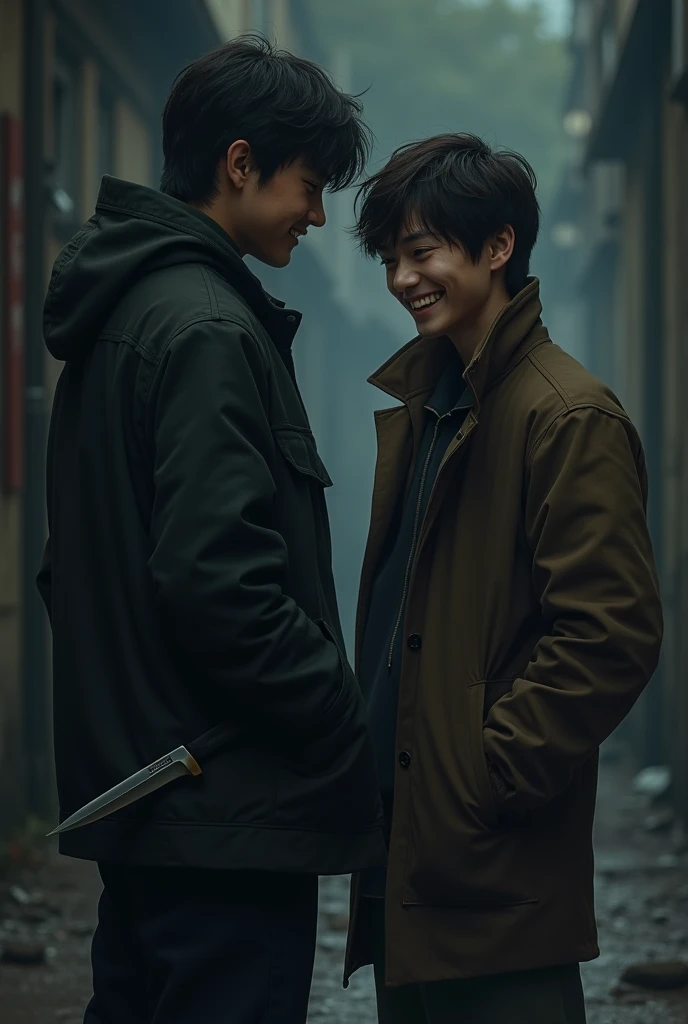 "Two friends are in an urban setting, one of them with a fake smile while hiding a knife behind his back. The other friend smiles genuinely, without realizing the impending betrayal. The background of the image is dark, with shadows and dark colors, creating an atmosphere of distrust and falsehood. Facial expressions should convey the difference between sincerity and falsehood.."