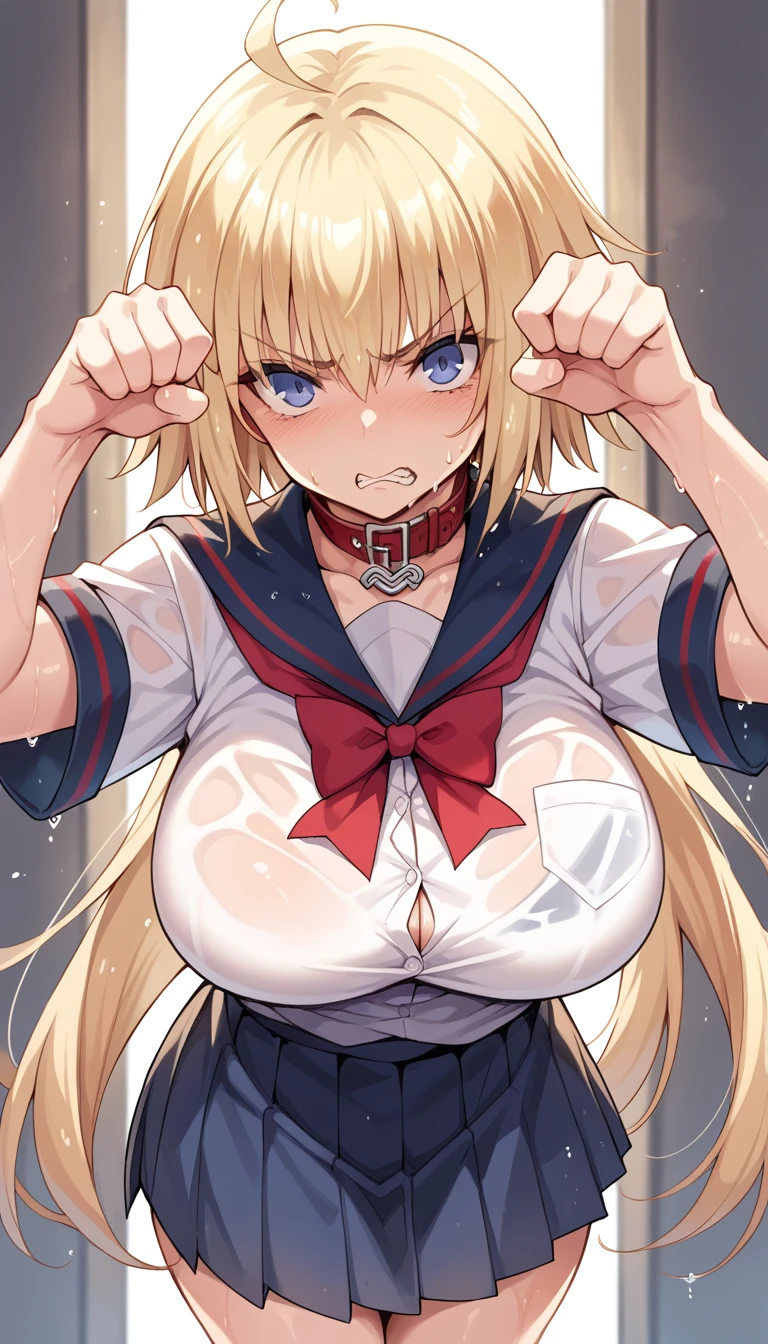 Jeanne d'Arc from Fate/Grand Order. wearing wet school uniform, big breasts and thighs, cat pose, wearing a pet collar, and sweating, put on a disgusted expression,
