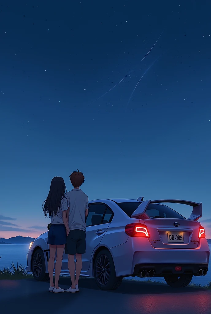 A couple (the women have black and long hair, and the man have brown and short hair) leaning on a Subaru WRX watching the night on japon on the coast at the distance
