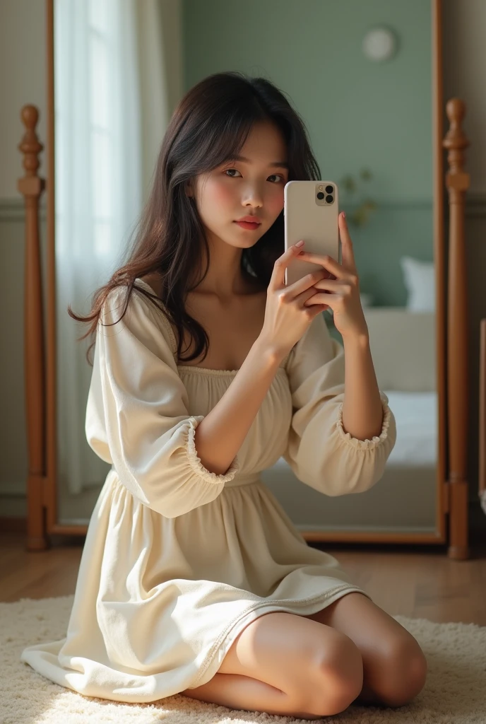 A brunette girl with black traight hair, Wearing a short spring dress With neckline, she takes a photo with your cell phone sitting on the floor in the big mirror in her room, face plane, taking a realistic photo, 8k, HD