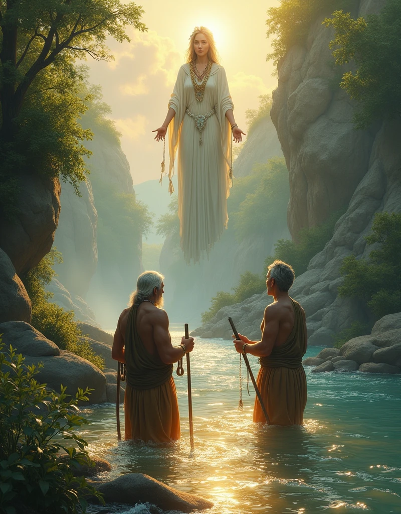 Make me a picture with 2 fishermen aged 20 and 50 with Queen Iemanja watching them with love perched on the river
